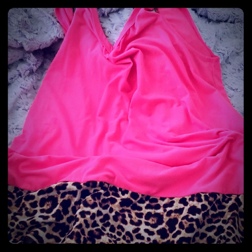 Neon pink and leopard sleeveless top